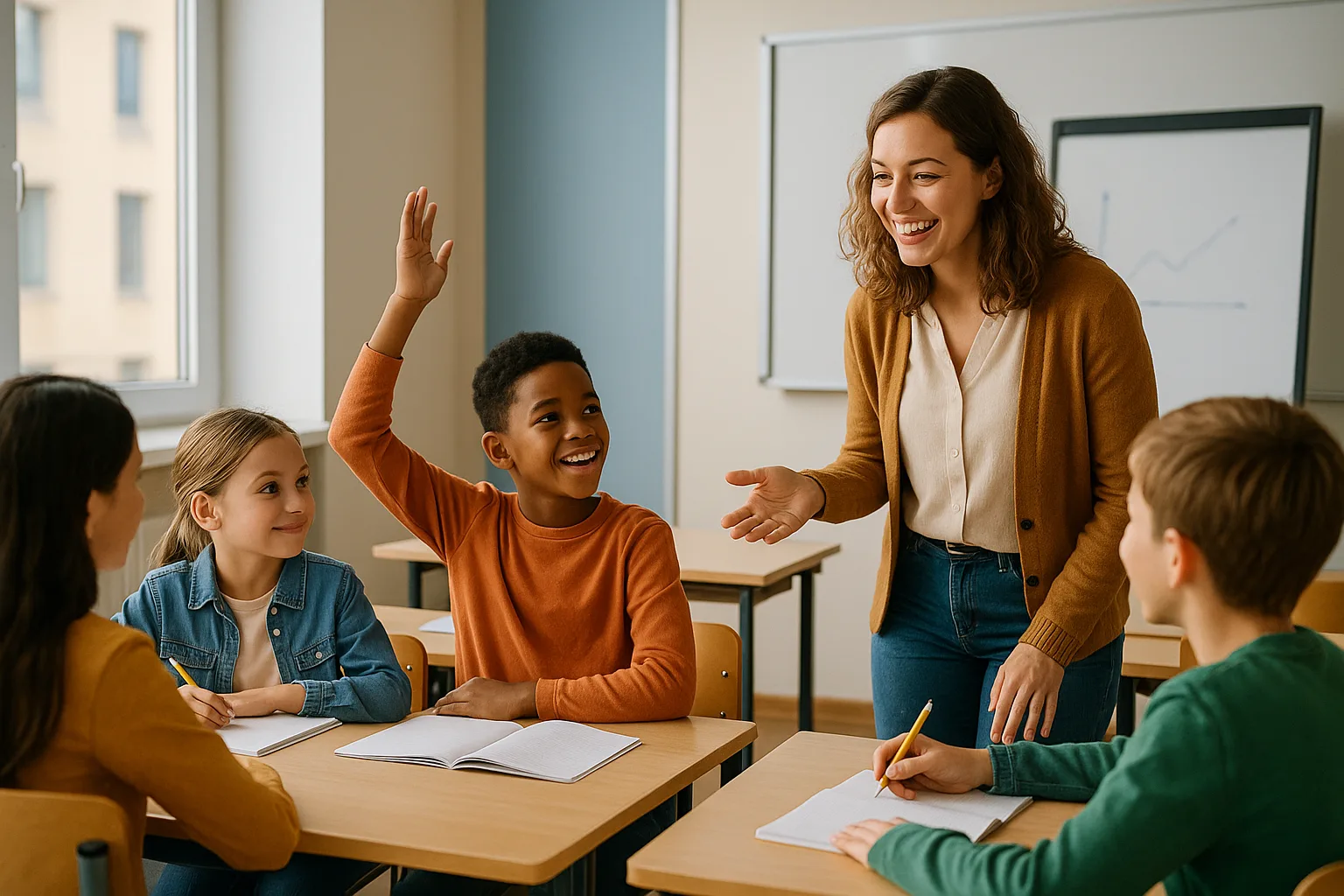 Teacher engaging diverse students in bright classroom